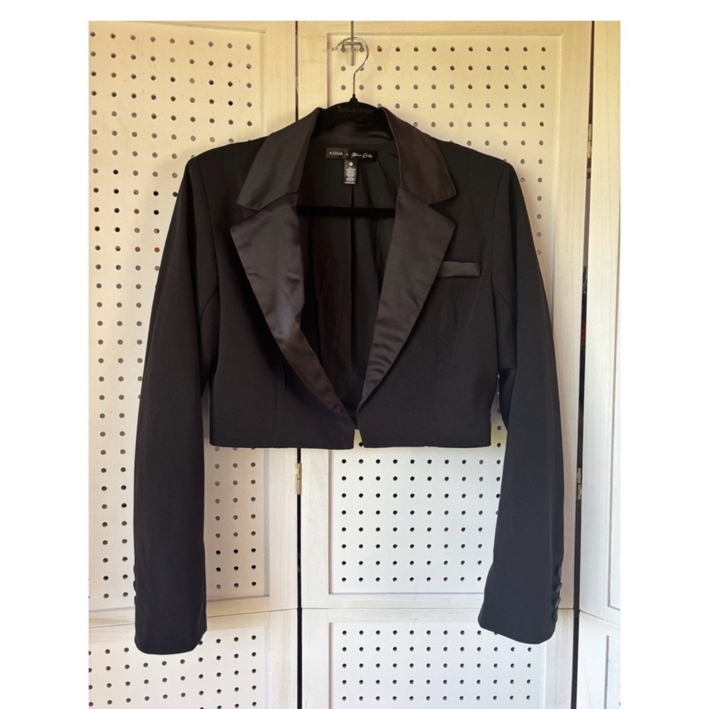 Aqua Black Cropped Blazer with Satin Lapels